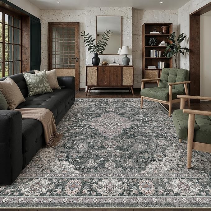 HUGEAR Retro Black Area Rug 8x10 Machine Washable Living Room Rugs Distressed by HUGEAR