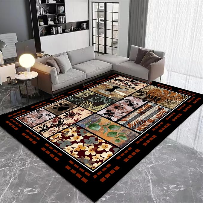 Rustic Cabin Area Rug 3x4ft, Animal & Moroccan Plaid Pattern Vintage Boho Carpet - Image 3