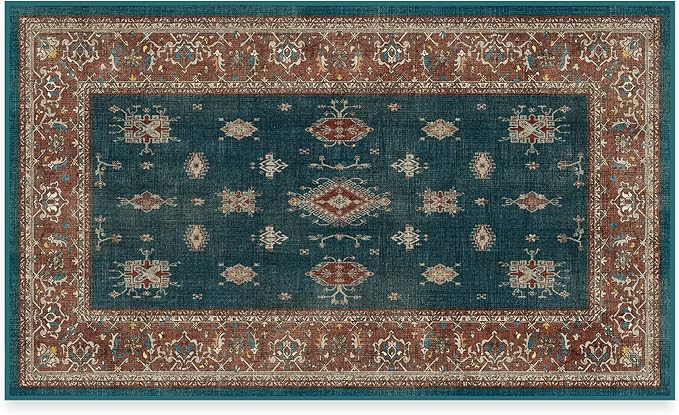 RUGGABLE Washable Vintage Area Rug – Verena Teal Blue 3x5, Stain-Resistant by RUGGABLE
