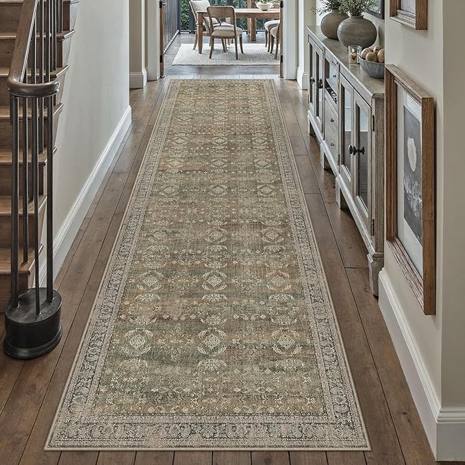 3x10 Brown Area Rug Runners for Hallways Washable Vintage Distressed Carpet Low by PureCozy