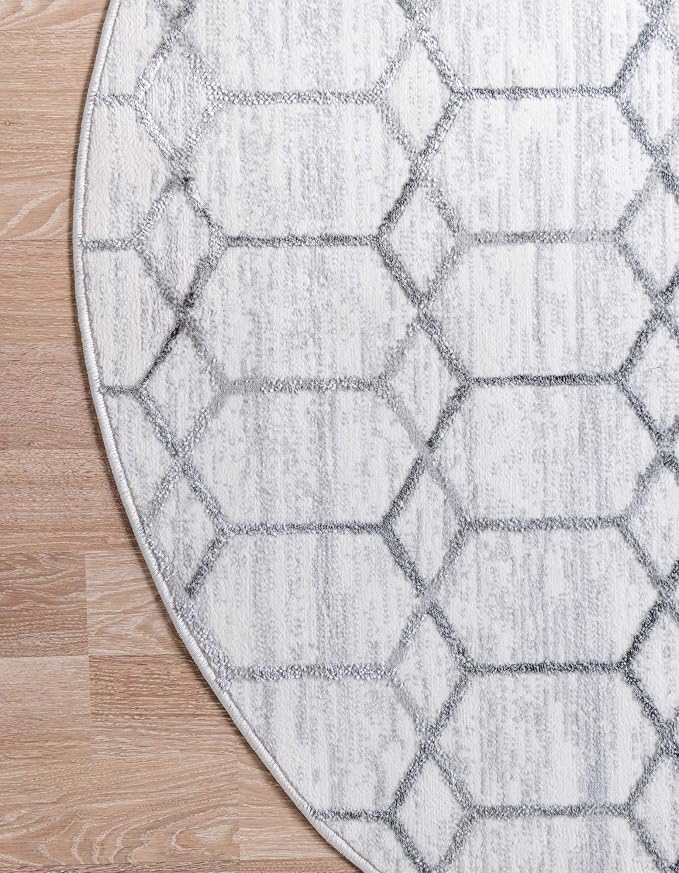 Rugs.com Lattice Trellis Collection Rug – 3 Ft Round White Low-Pile Rug Perfect - Image 9