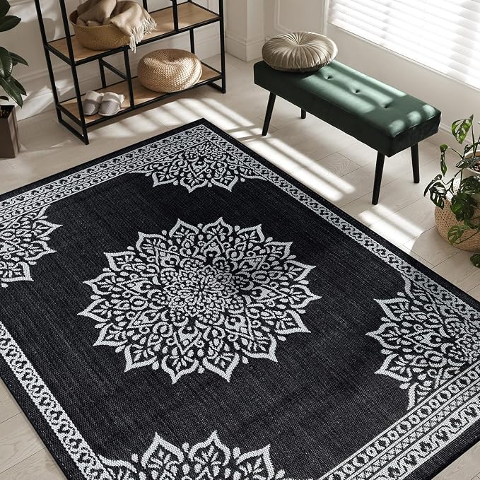 CAMILSON Indoor Outdoor Rug, 10x14 Medallion Black White Modern Area Rugs - Image 10