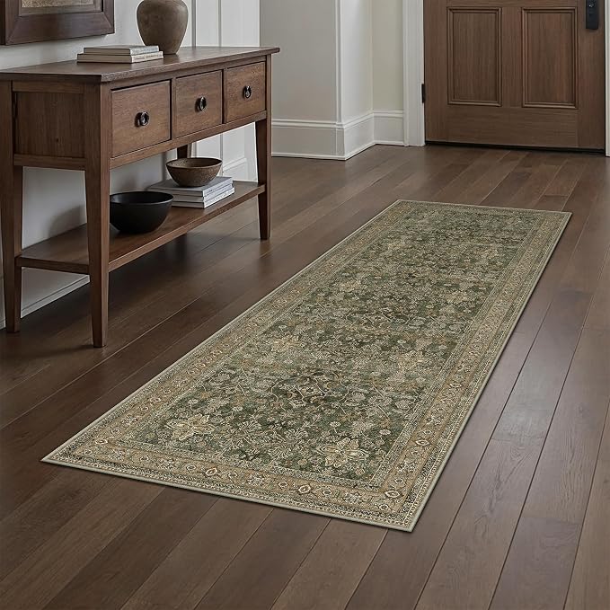 Hallway Runner Rug 2x6 Green Brown Vintage Washable Kitchen Carpet Traditonal by PureCozy
