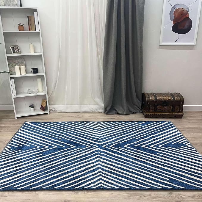 Alfa Rich 7x10 Geometric Navy Blue Off White Washable Area Rugs - Image 2