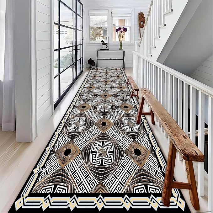 Abstract Black White Geometric Runner Rug, Luxury Greek Key Rugs - Image 3