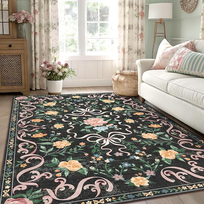 Black Rug Bow Floral Rug 3x5, Washable Boho Area Rugs Non Slip Low Pile Carpet by YesRug