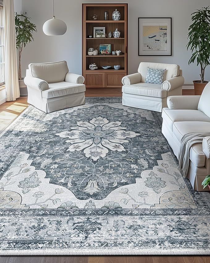 Area Rugs 10'x14' Washable Non-Slip, Floral Vintage Distress Print Pattern - Image 2