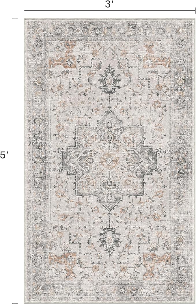 3x5 Area Rugs for Living Room, Machine Washable Non Slip Vintage Rugs, Low Pile - Image 2