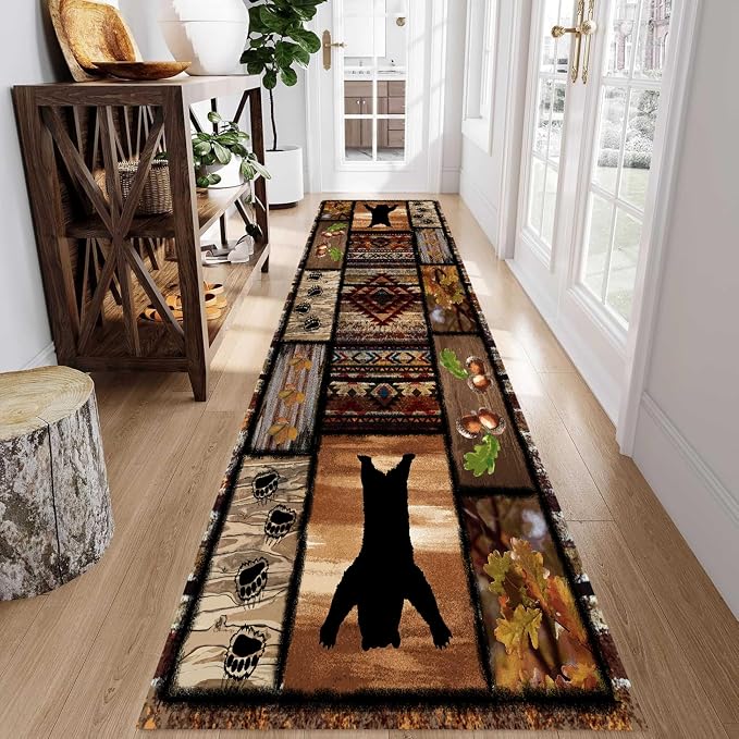 Wild Animal Bear Long Runner Rug, Animal Bear and Plant Pine Cone Autumn Leaf - Image 3