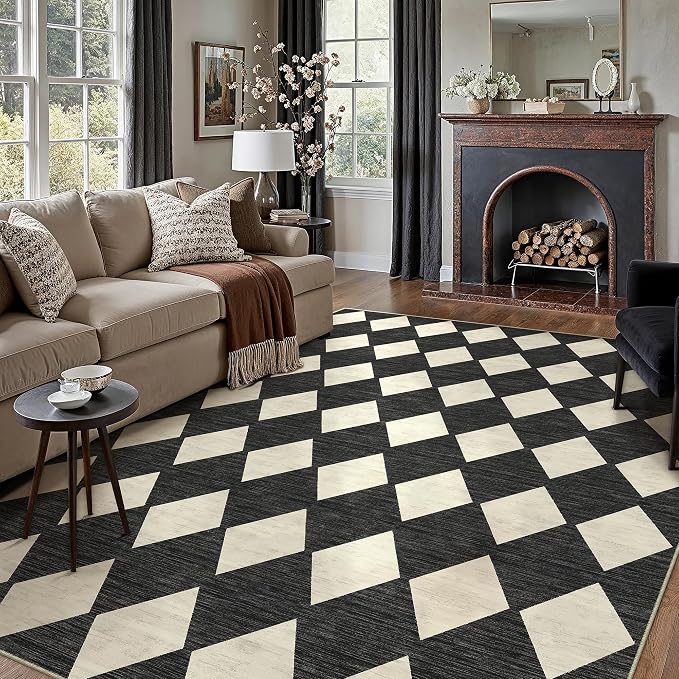 6x9 Checkered Area Rugs for Living Room Black Machine Washable Large Rug by PureCozy