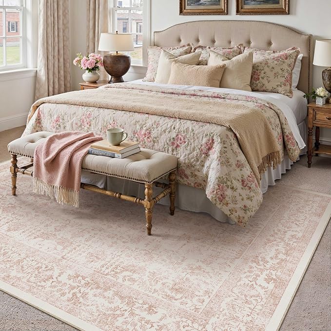 Pink Area Rug 6x9 Machine Washable Vintage Living Room Distressed Non Slip - Image 5