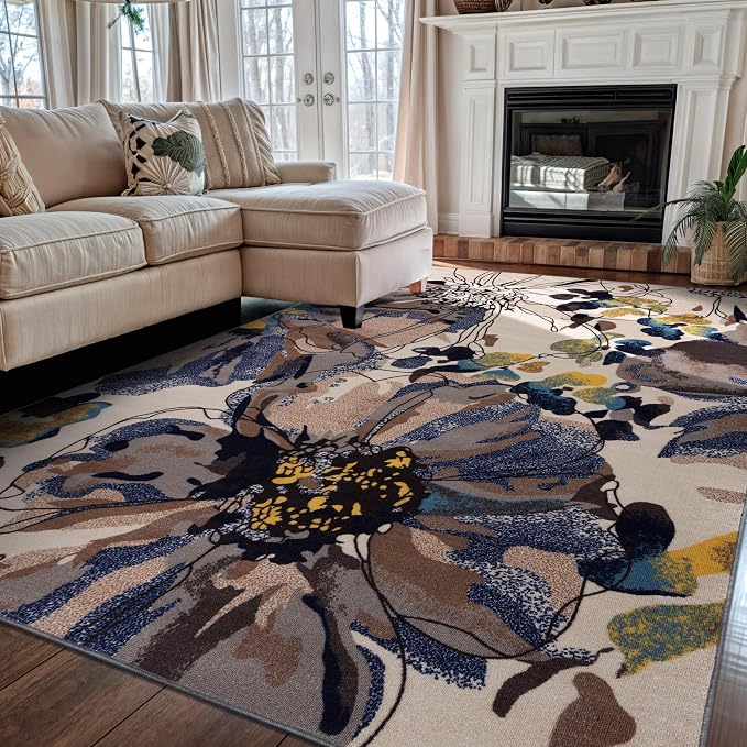 Rugshop Cream Bright Flowers Non Slip Non-Shedding Area Rug by Rugshop