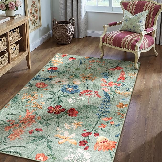 Green Area Rug 3x5 Office Floral Boho Door Mat Indoor Washable Kitchen Carpet - Image 5