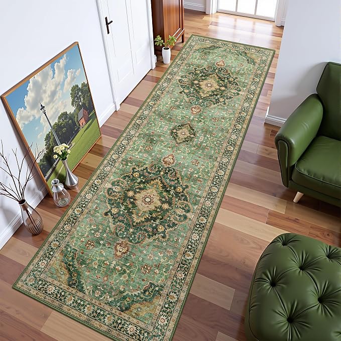 Deerly Green Runner Rug 3x10 Boho Washable Extra Long Rug - Image 2