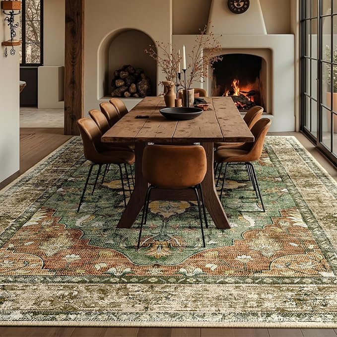 Area Rugs 10'x12' Washable Non-Slip, Floral Vintage Distress Print Pattern - Image 3