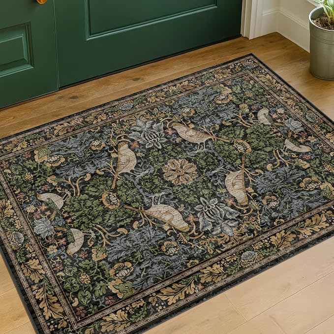 Washable Dark Vintage Floral Rugs by HazoHaus