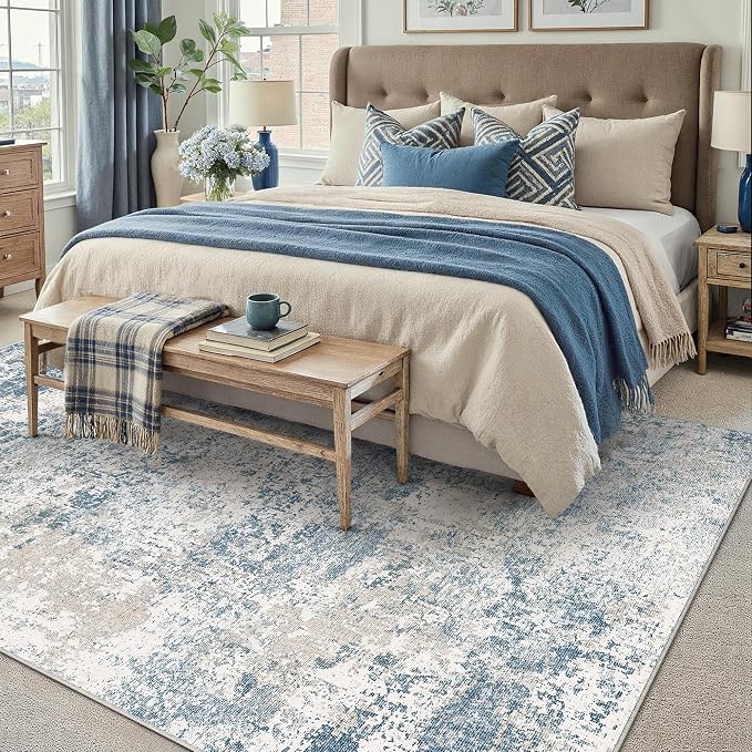 Blue 5x7 Area Rug Washable Modern Abstract Living Room Carpet Non Slip Neutral - Image 6