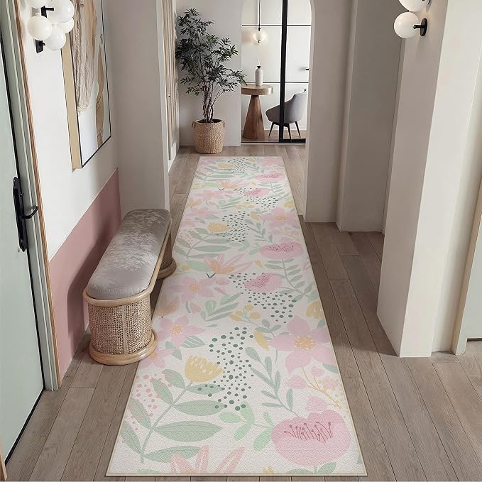 Floral Runner Rug 2x10 Washable Hallway Pink Bedroom Non Slip Cute Long Kitchen - Image 4
