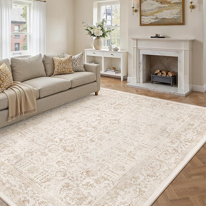 Beige Area Rug 9x12 Machine Washable Large Vintage Living Room Distressed Non - Image 3