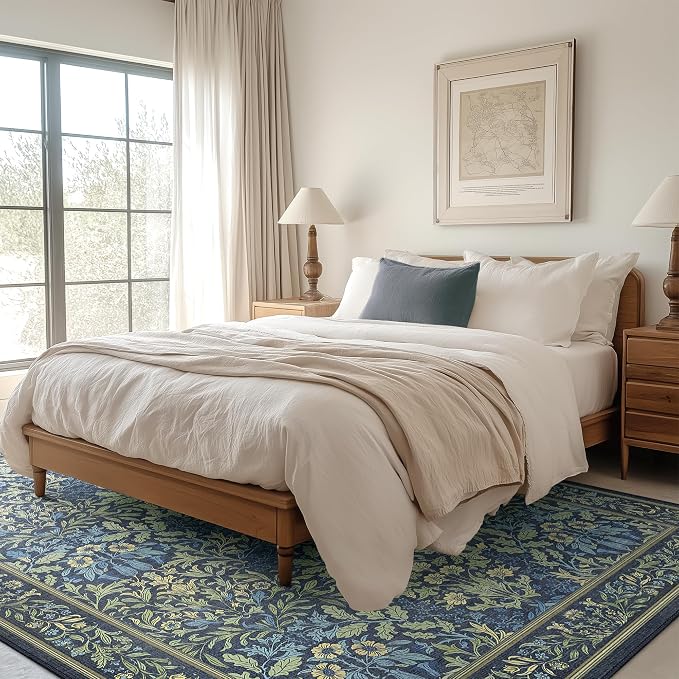 Bavni Floral Dark Blue Area Rugs 8x10, Vintage Boho Carpet Machine Washable - Image 3