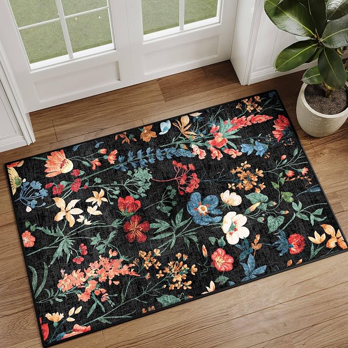 Black Area Rug 2x3 Entryway Floral Boho Door Mat Indoor Washable Kitchen Carpet - Image 6