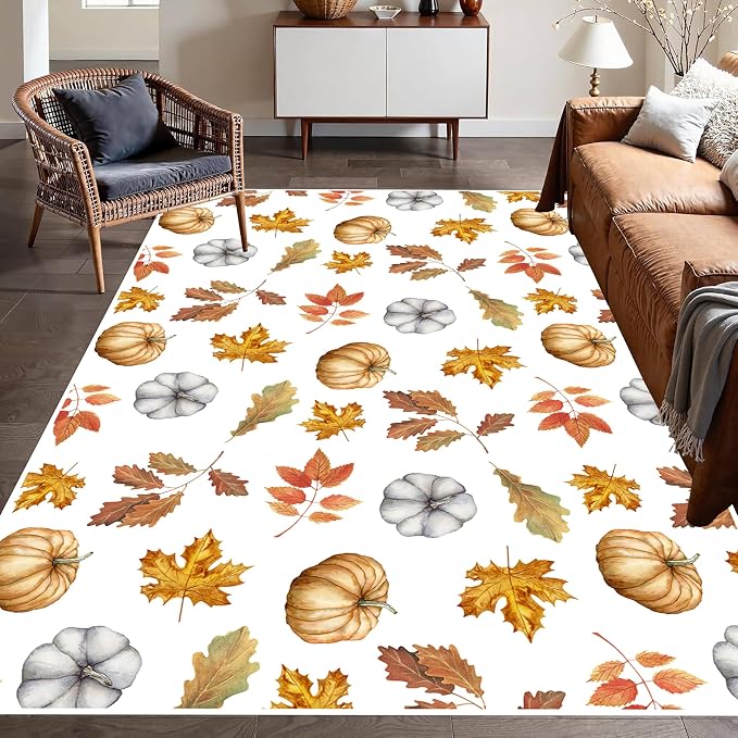 Pumpkin Area Rug, Fun Vibrant Autumn Harvest Fallen Leaves Pumpkin Plant White - Image 4