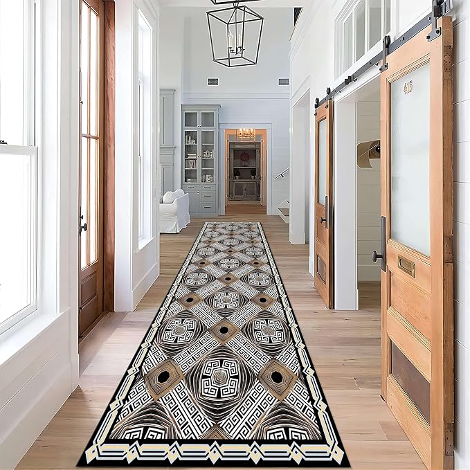 Abstract Black White Geometric Runner Rug, Luxury Greek Key Rugs - Image 2