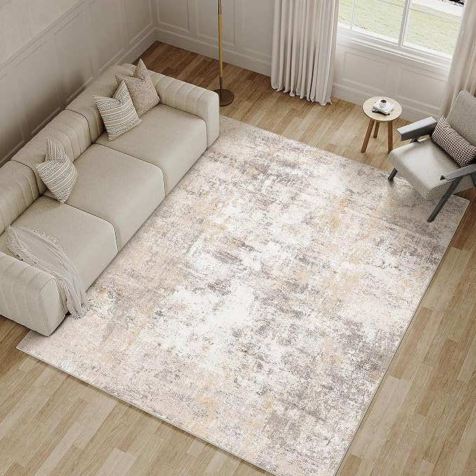 5x7 Washable Area Rug Beige Grey Abstract Living Room Bedroom Throw Rug Neutral - Image 5