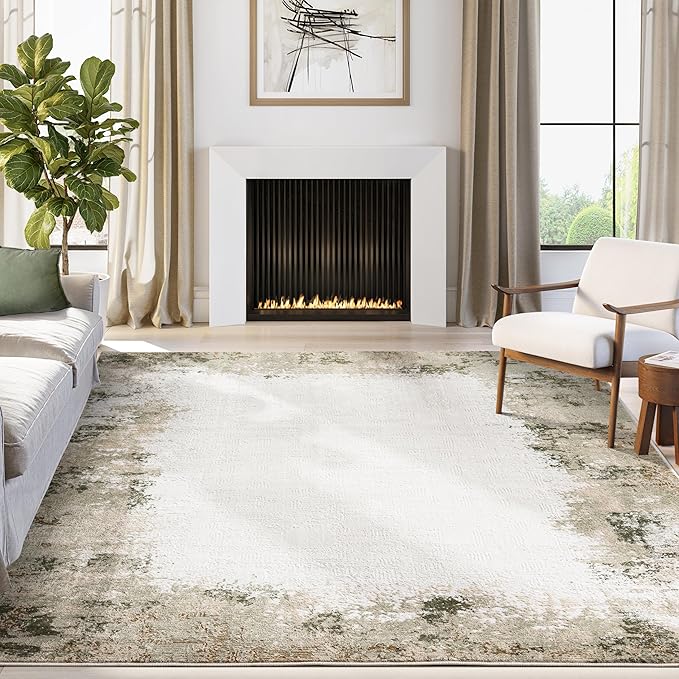 Abani Beige with Green Border Washable Area Rug – 5' x 8' – Classic Textured by Abani