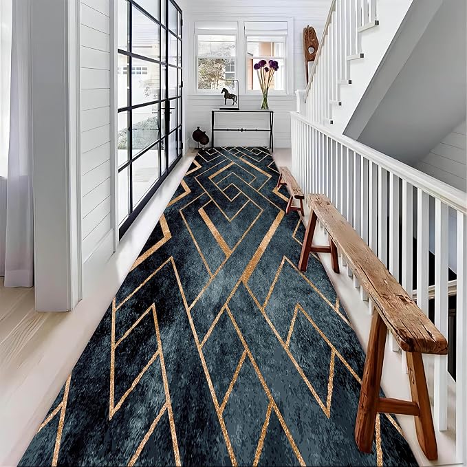 Navy Blue Gold Geometric Rug Runners - Image 3