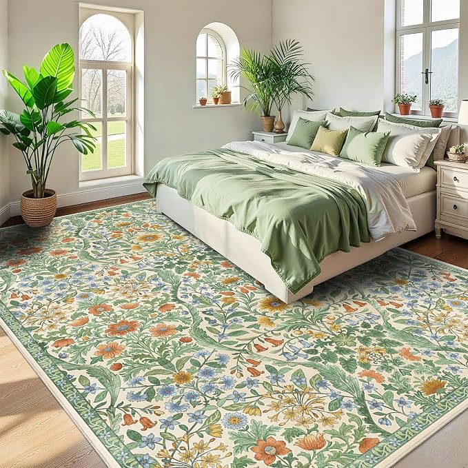 9x12 Grass Green Vintage Floral Area Rug, Washable Large Boho Living Room Rugs - Image 4