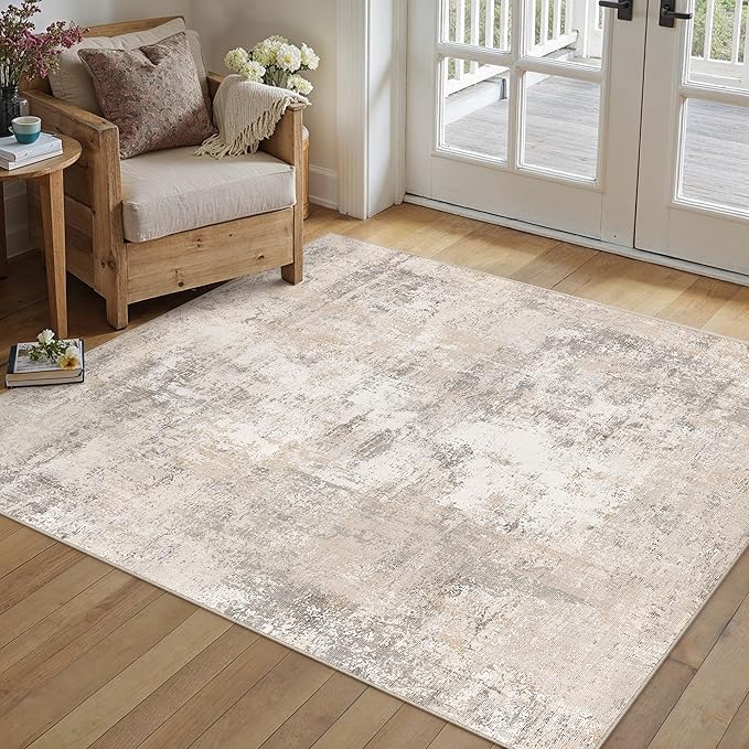 4x5 Washable Area Rug Beige Grey Abstract Entryway Office Throw Rug Neutral - Image 3