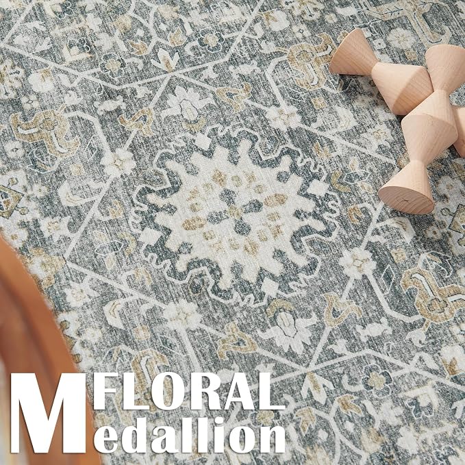 jinchan Area Rug 4x6 Washable Bedroom Rug Vintage Distressed Gray Multi Floral - Image 2