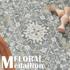 jinchan Area Rug 3x5 Washable Entryway Rug Distressed Gray Multi Vintage Floral - Image 2