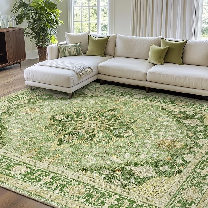 Area Rugs 7'x9' Washable Non-Slip, Floral Vintage Distress Print Pattern by RELEANY