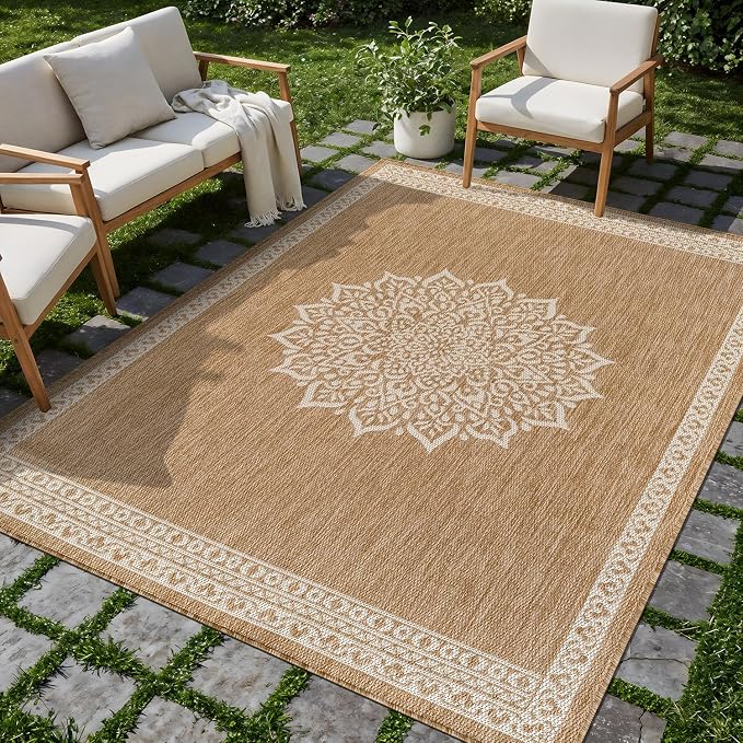 CAMILSON Outdoor Rug 6x9 Medallion Natural Modern Area Rugs - Image 6