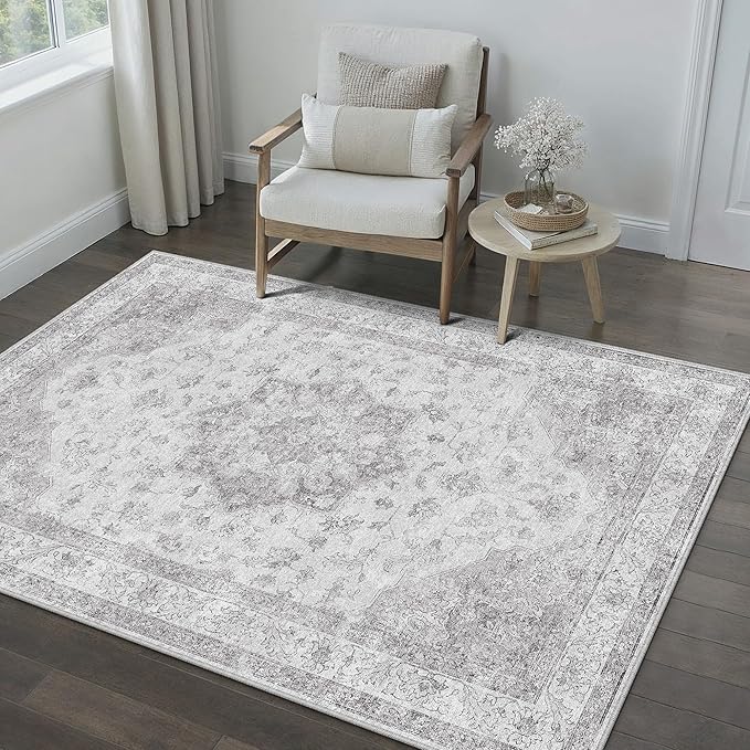 Grey Gray Area Rug 4x6 Washable Vintage Carpet by PureCozy