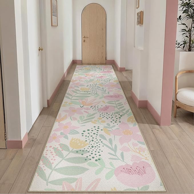 Floral Runner Rug 3x10 Washable Hallway Pink Bedroom Non Slip Cute Long Kitchen - Image 4
