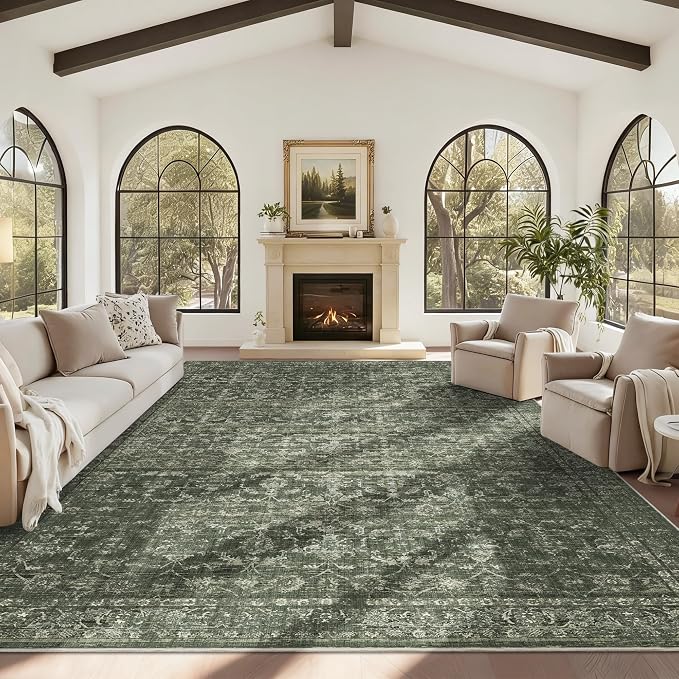 10x14 Washable Area Rugs for Living Room, Distressed Floral Floor Carpet Soft by HOME