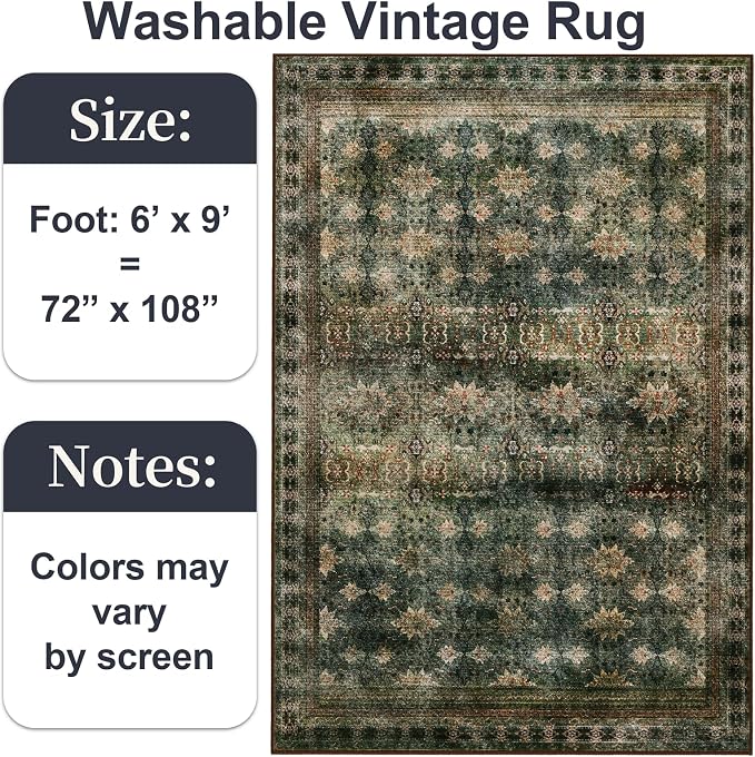 6x9 Washable Area Rug Non Slip, Thin Vintage Floral Living Room Rug Low Pile - Image 2