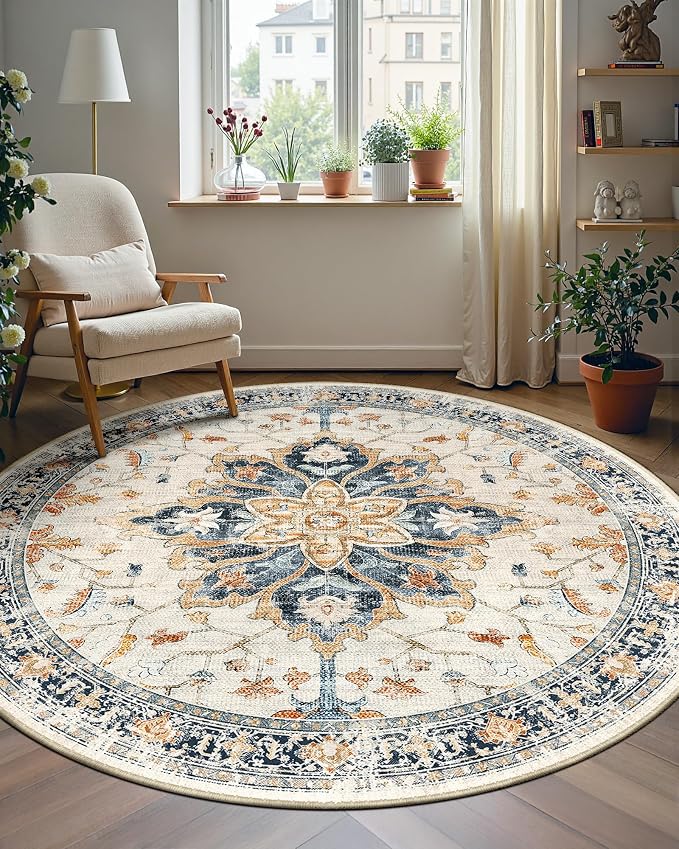 Area Rugs 4ft Washable Non-Slip, Floral Vintage Distress Print Pattern - Image 2