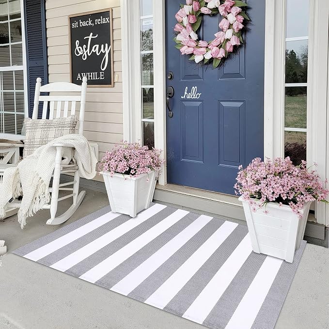 KOZYFLY Striped Outdoor Rug 3x5 Ft Front Door Rug Gray and White Hand Woven by KOZYFLY