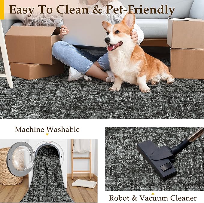 Dark Black Area Rug 5x7 Machine Washable Vintage Living Room Distressed Non - Image 4