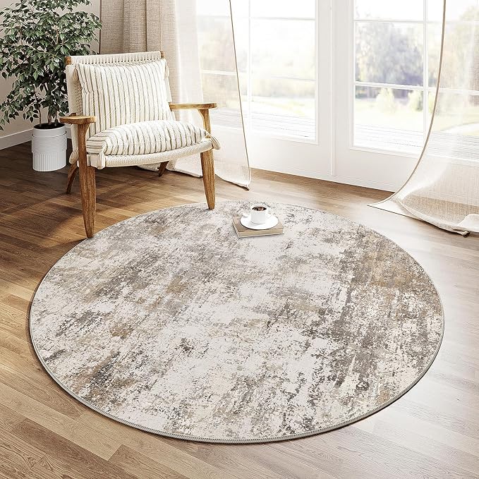 5x5 Washable Round Rug Brown Grey Abstract Living Room Bedroom Area Rug Neutral - Image 4