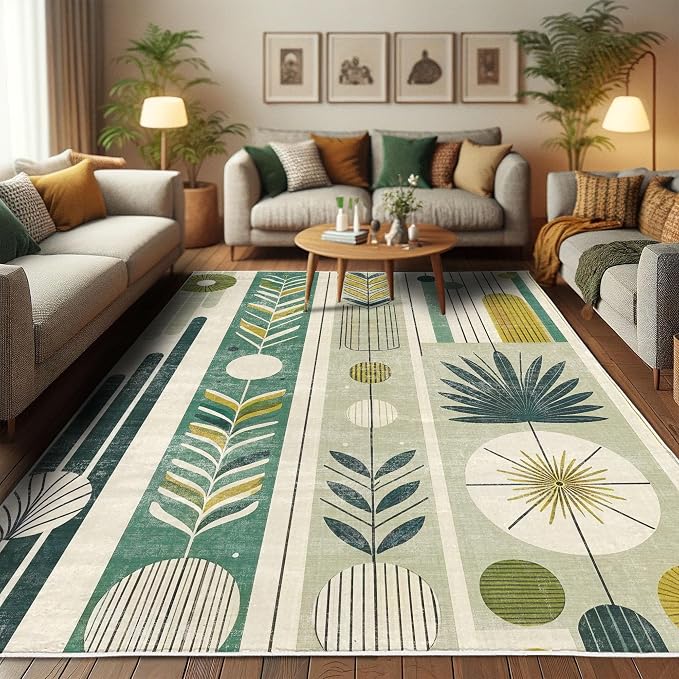 Ambesonne Mid Century Modern Decorative Rug, Abstract Circles Leaves and - Image 4