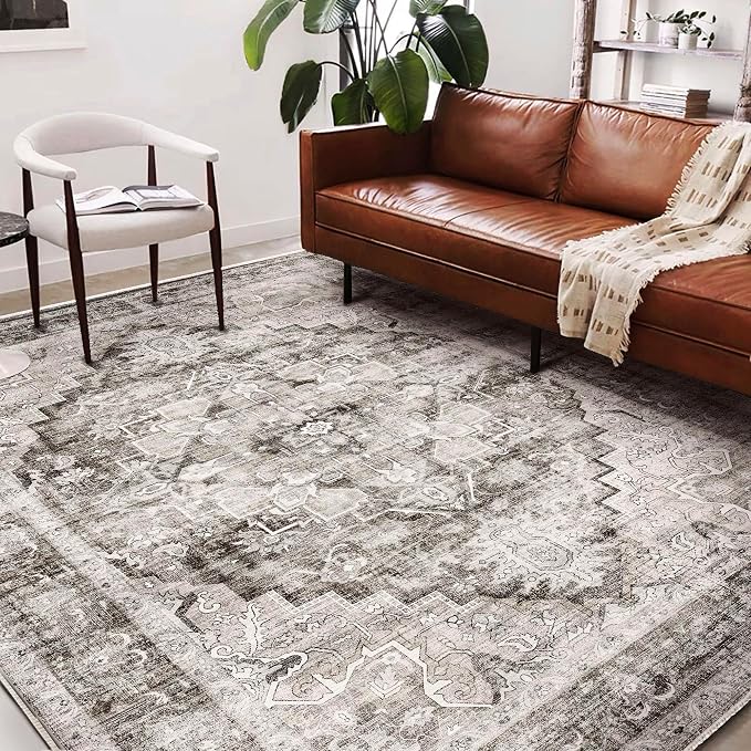 Area Rug 6'x9' Deep Khaki Washable Vintage Traditional Floor Cover Thin Retro - Image 2