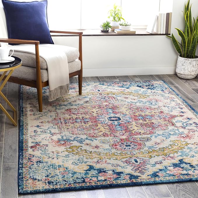 Livabliss Area Rugs - 7ft Round Odelia Vintage Boho Aqua Burgandy Blue Round by Livabliss