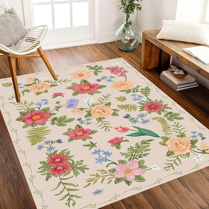 Rustic Flower Area Rug, Classic Colorful Bohemian Floral Pattern - Image 2