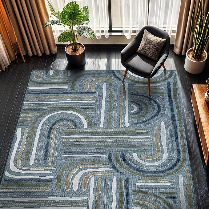 CAMILSON Indoor Outdoor Rug, Aqua 6x9 Geometric Arch Striped Area Rugs - Image 6