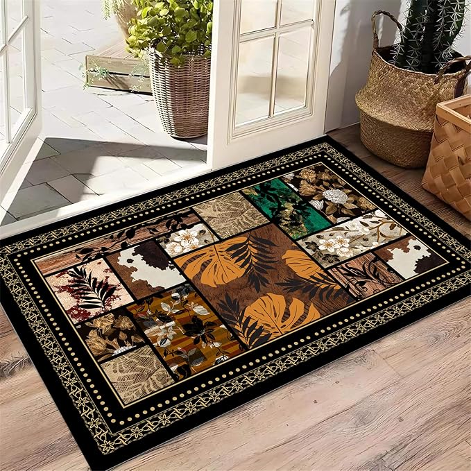 Floral Tropical Patchwork Area Rug 5x7ft, Vintage Black & Brown Country Carpet - Image 4